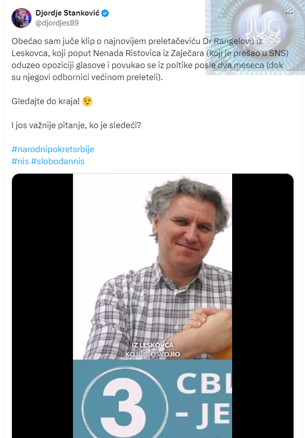 Poslanik Narodnog pokreta Srbije Đorđe Stanković tvrdi da je Rangelov ...